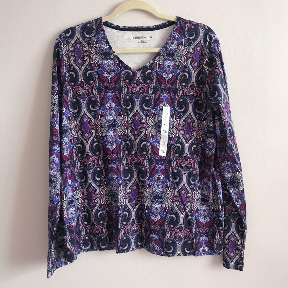 New Croft & Barrow Kaleidoscope V-Neck Top XL
